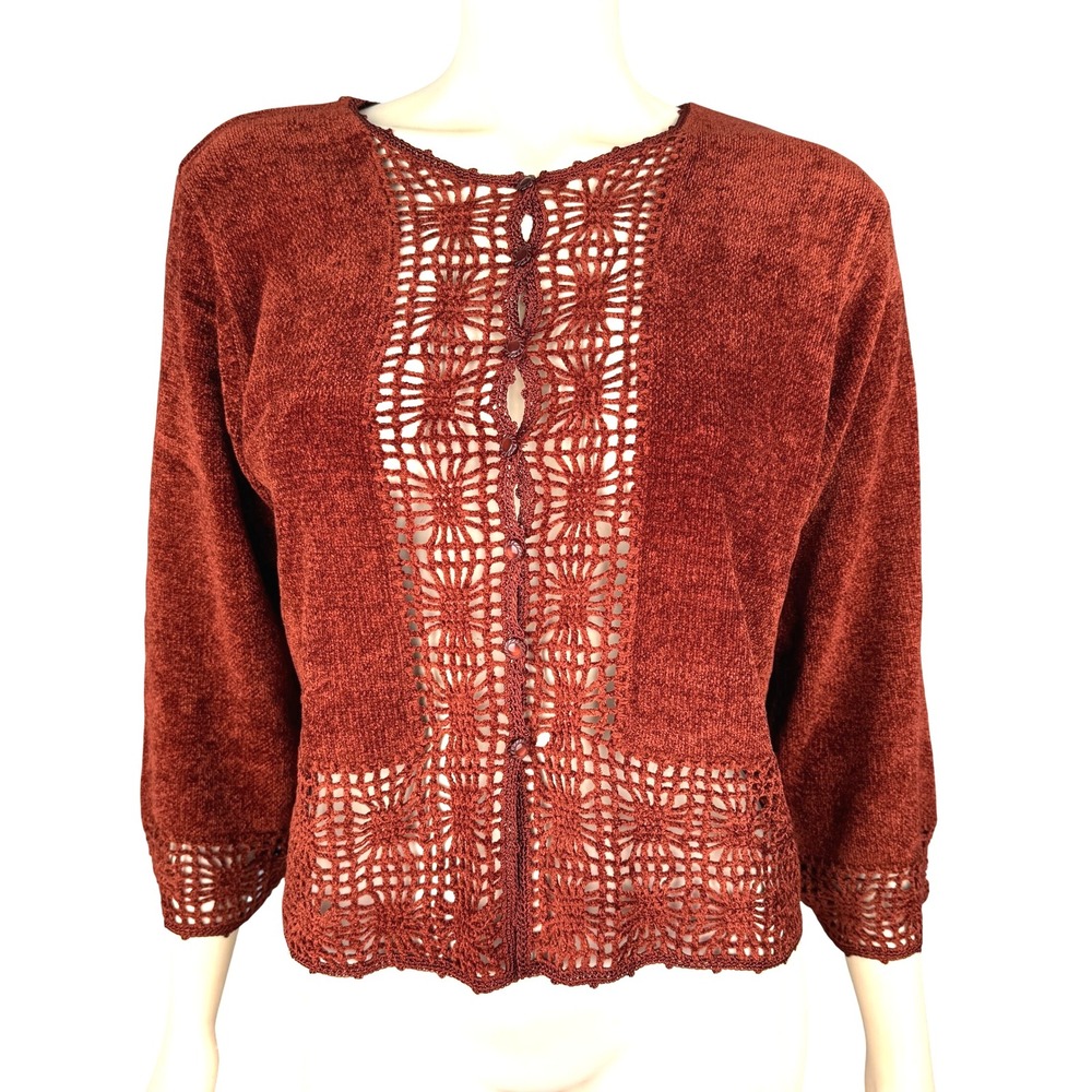 Chenille Cardigan Sweater Womens‎ Size L Rust Brown Crochet Trim 3/4 Sleeve Open